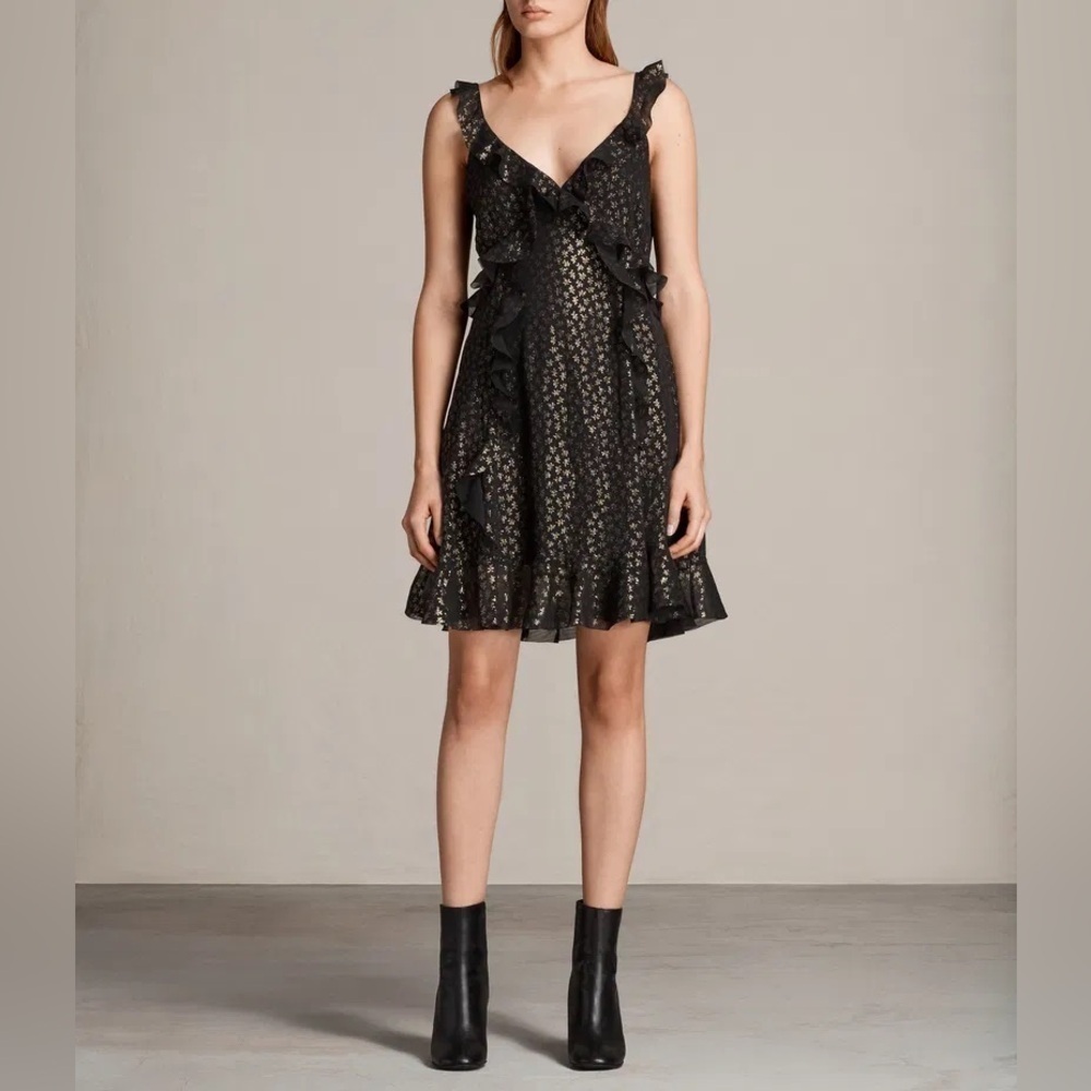 AllSaints Darell Black Gold Ruffle Dress Metallic UK 10 US 6 Babydoll Women’s